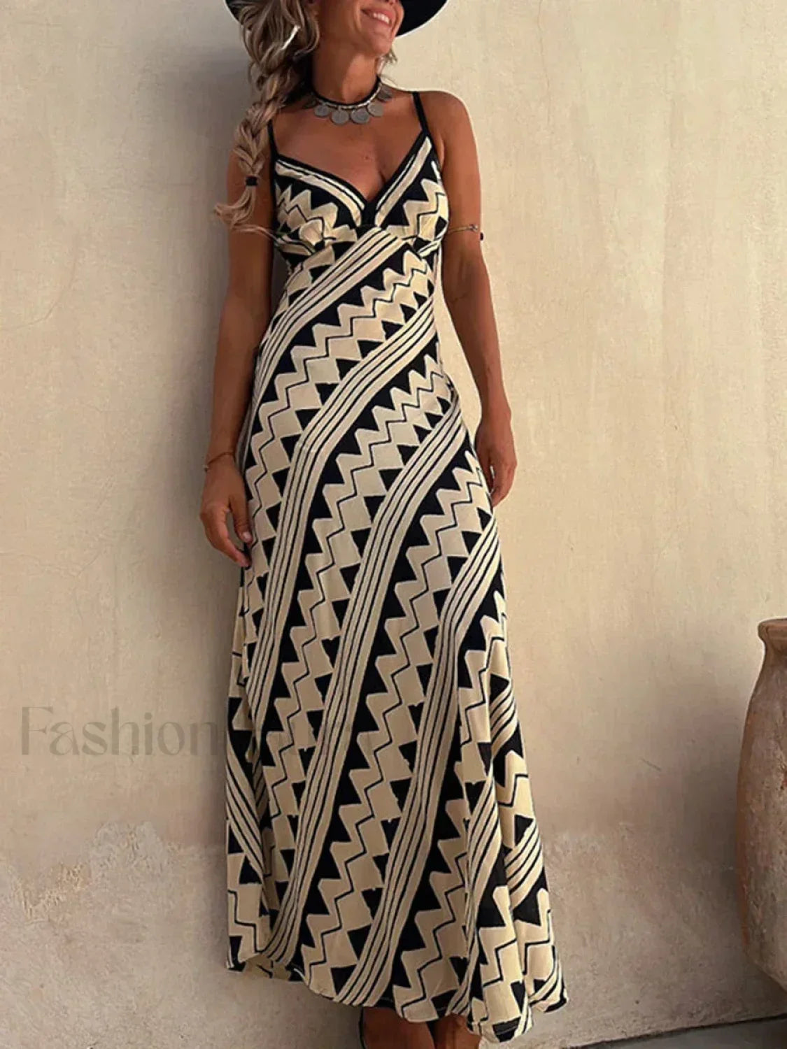 Lace Patchwork Deep V Boho Dress Khaki / S