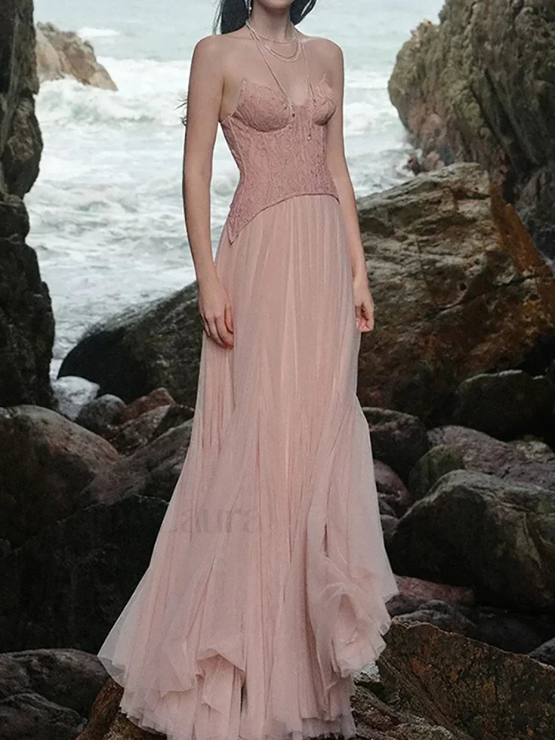 Lace Patchwork Pink Maxi Dress