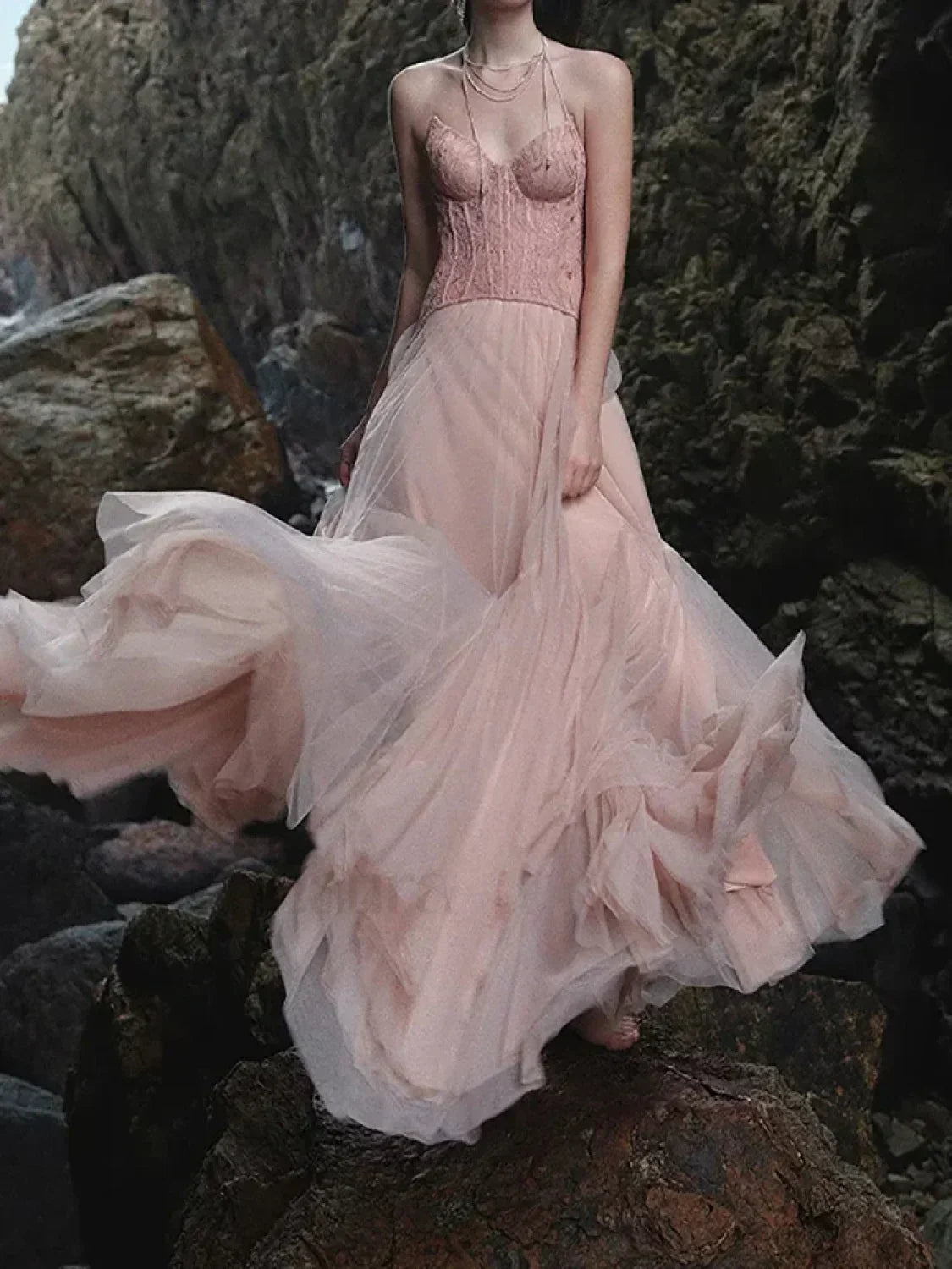 Lace Patchwork Pink Maxi Dress