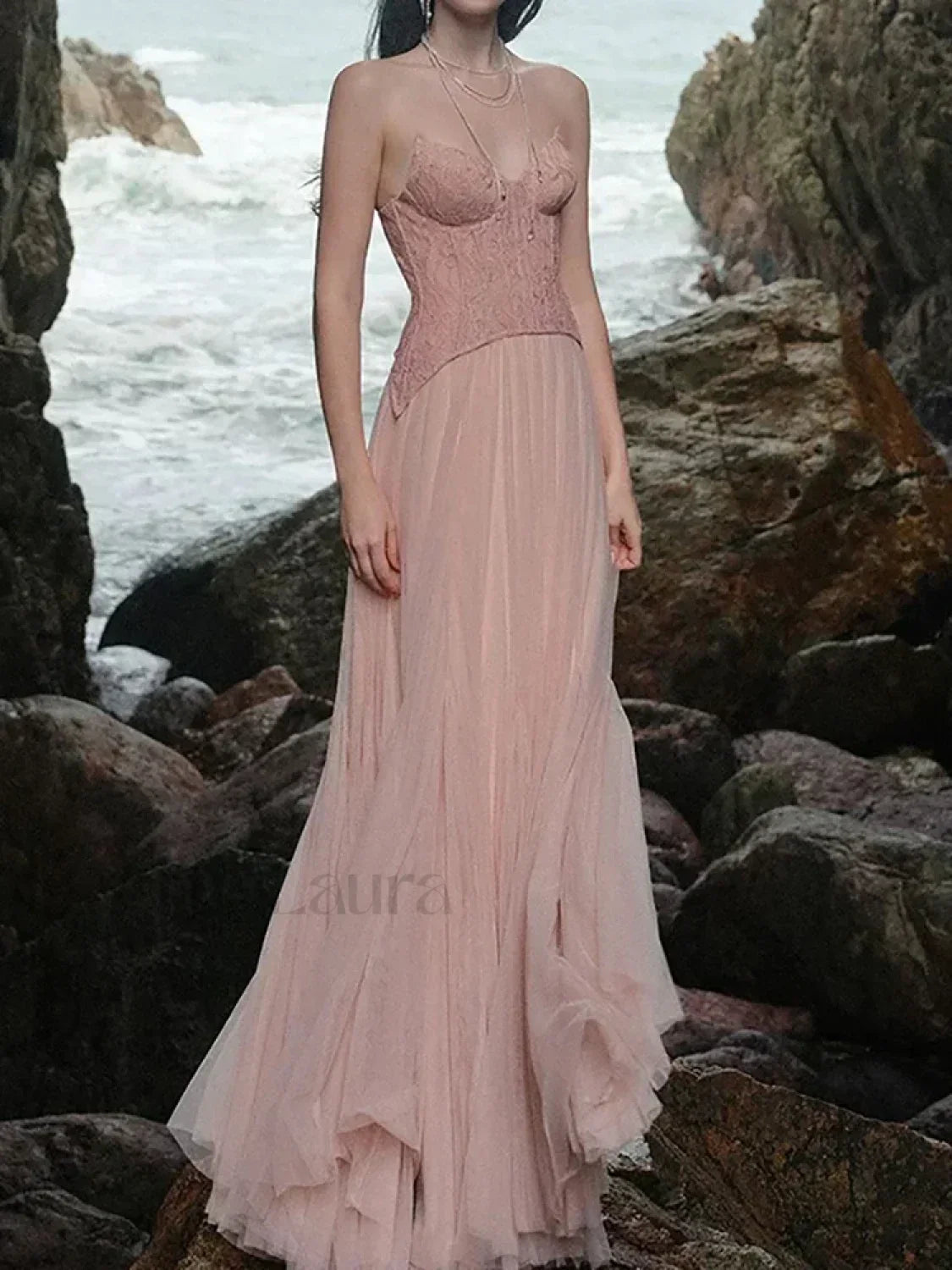 Lace Patchwork Pink Maxi Dress pink / XS