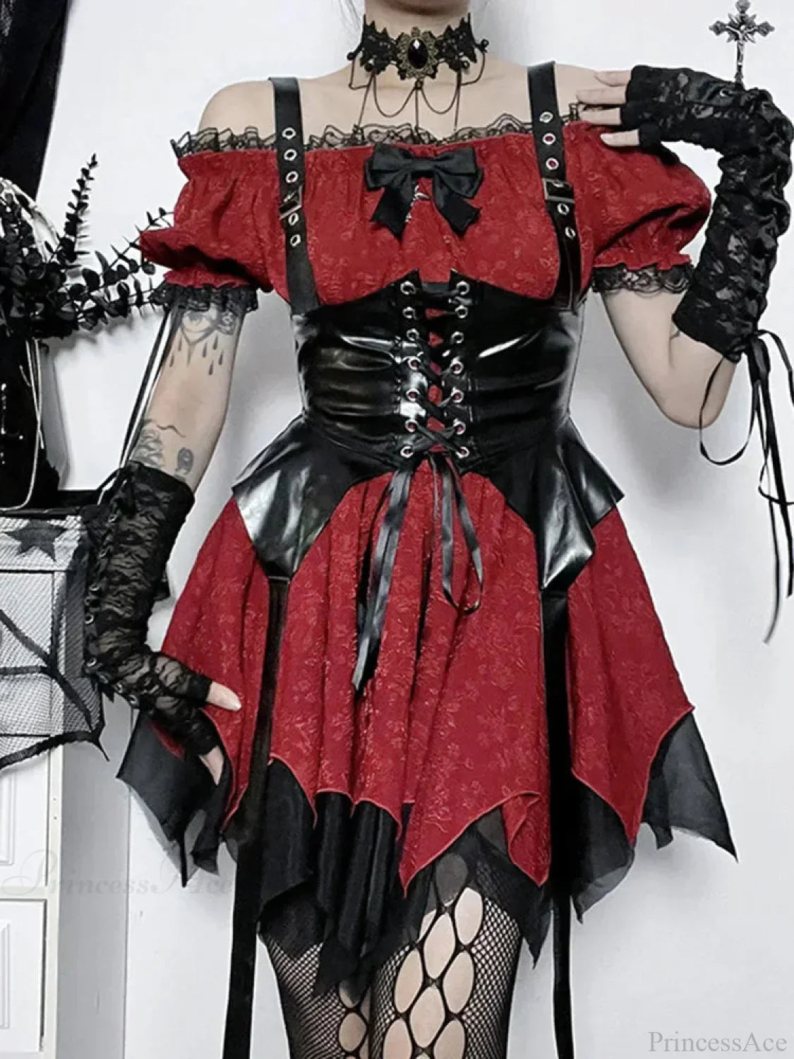 Gothic Off Shoulder Puff Sleeve Lace Up Corset Asymmetric Hem Mini Dress