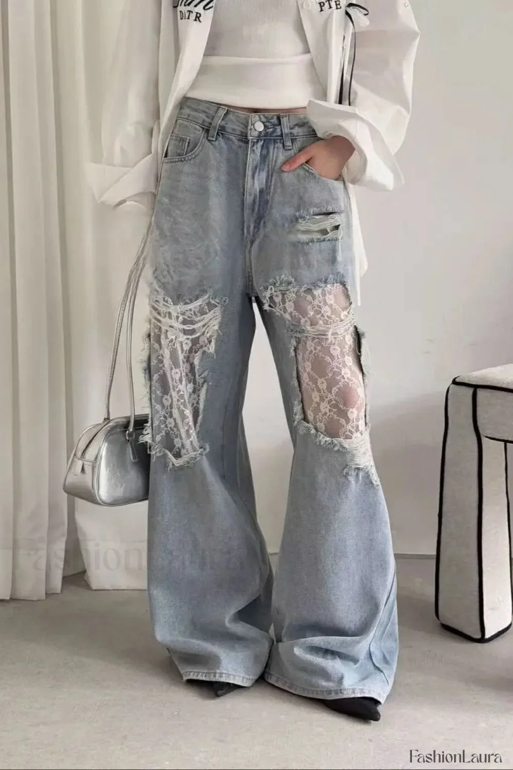 Lace Patchwork Ripped Loose Jeans