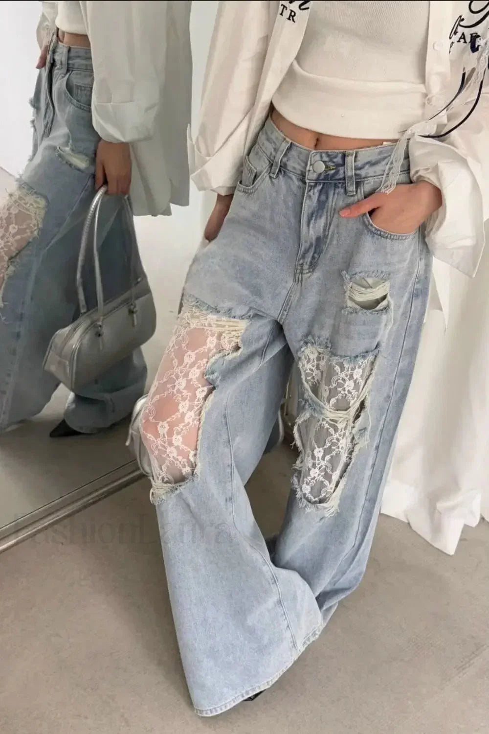 Lace Patchwork Ripped Loose Jeans
