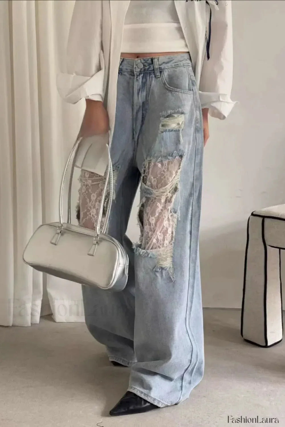 Lace Patchwork Ripped Loose Jeans