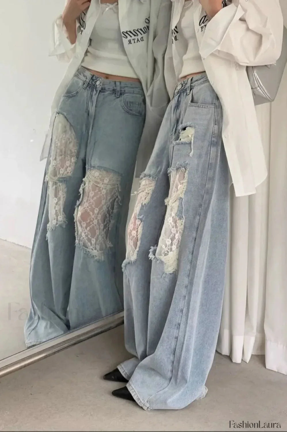 Lace Patchwork Ripped Loose Jeans