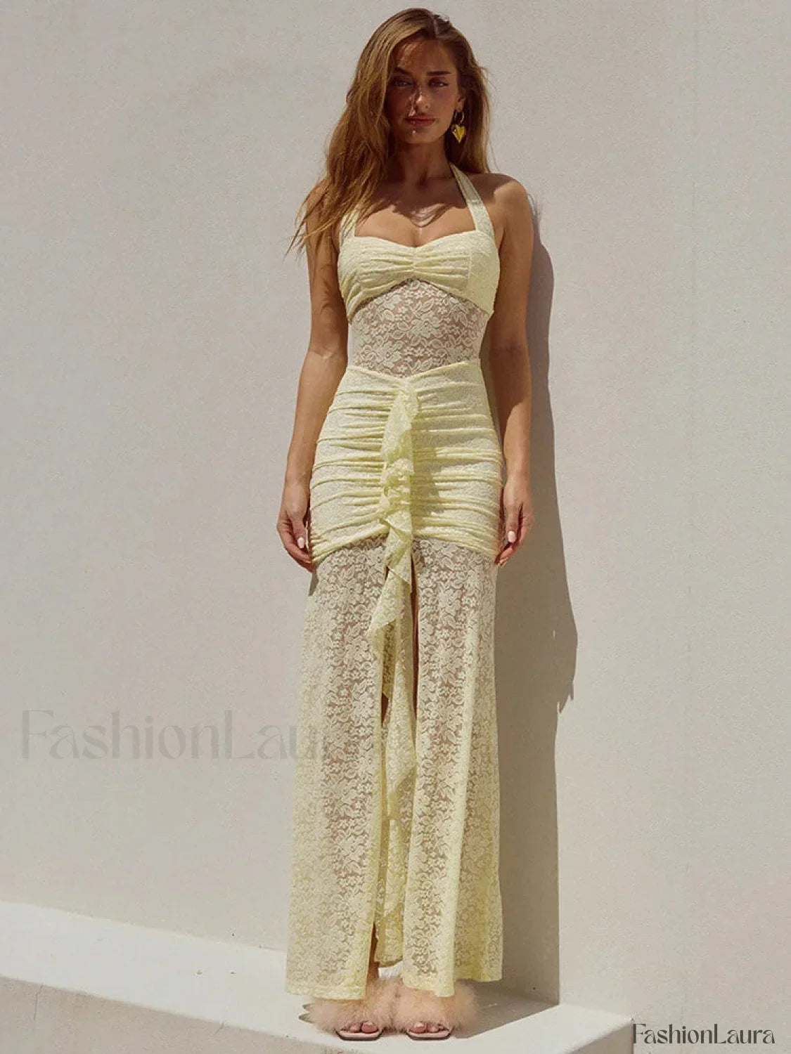 Lace Patchwork Ruched Maxi Dress