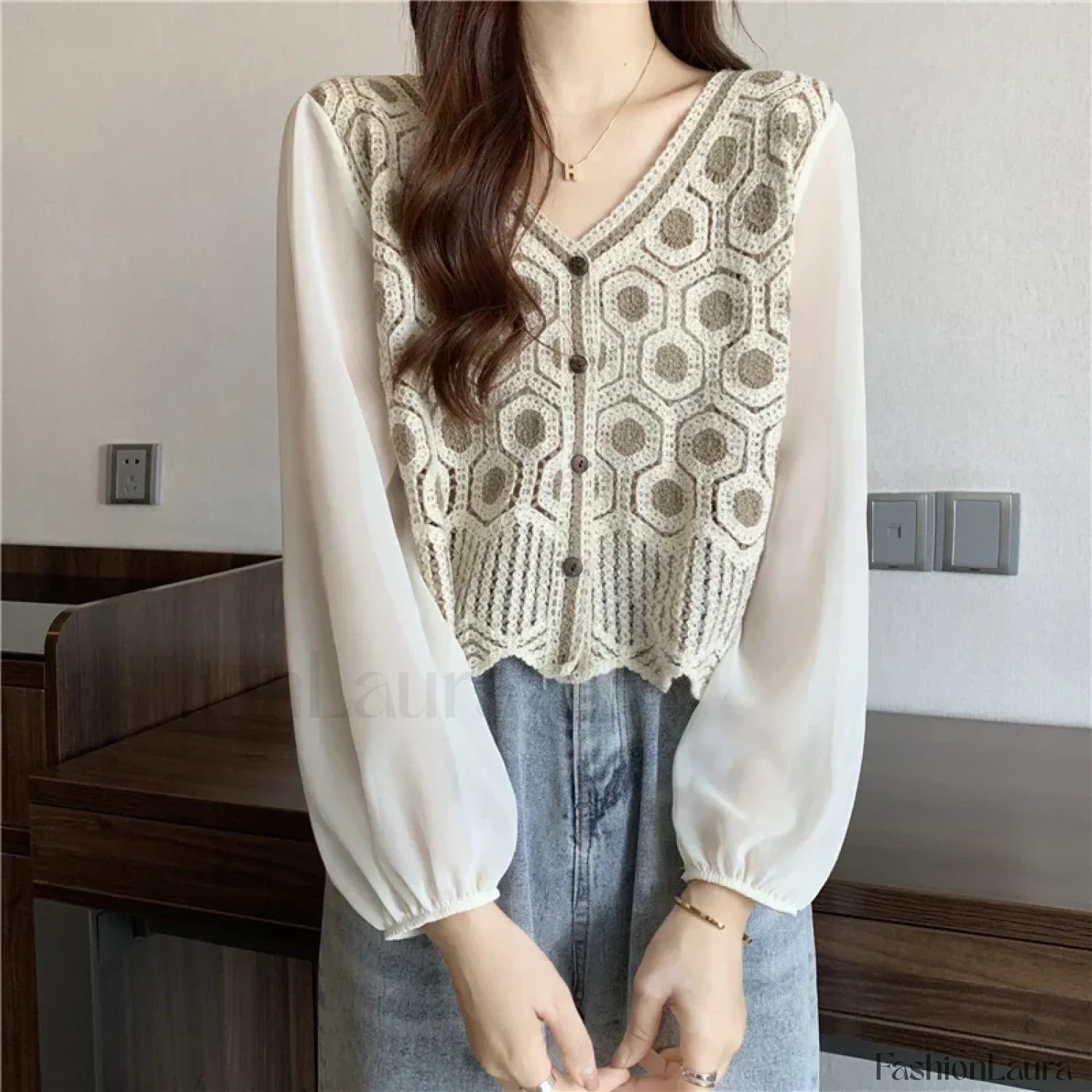 Lace Patchwork Solid Color Pullover Casual Clothes Blouse