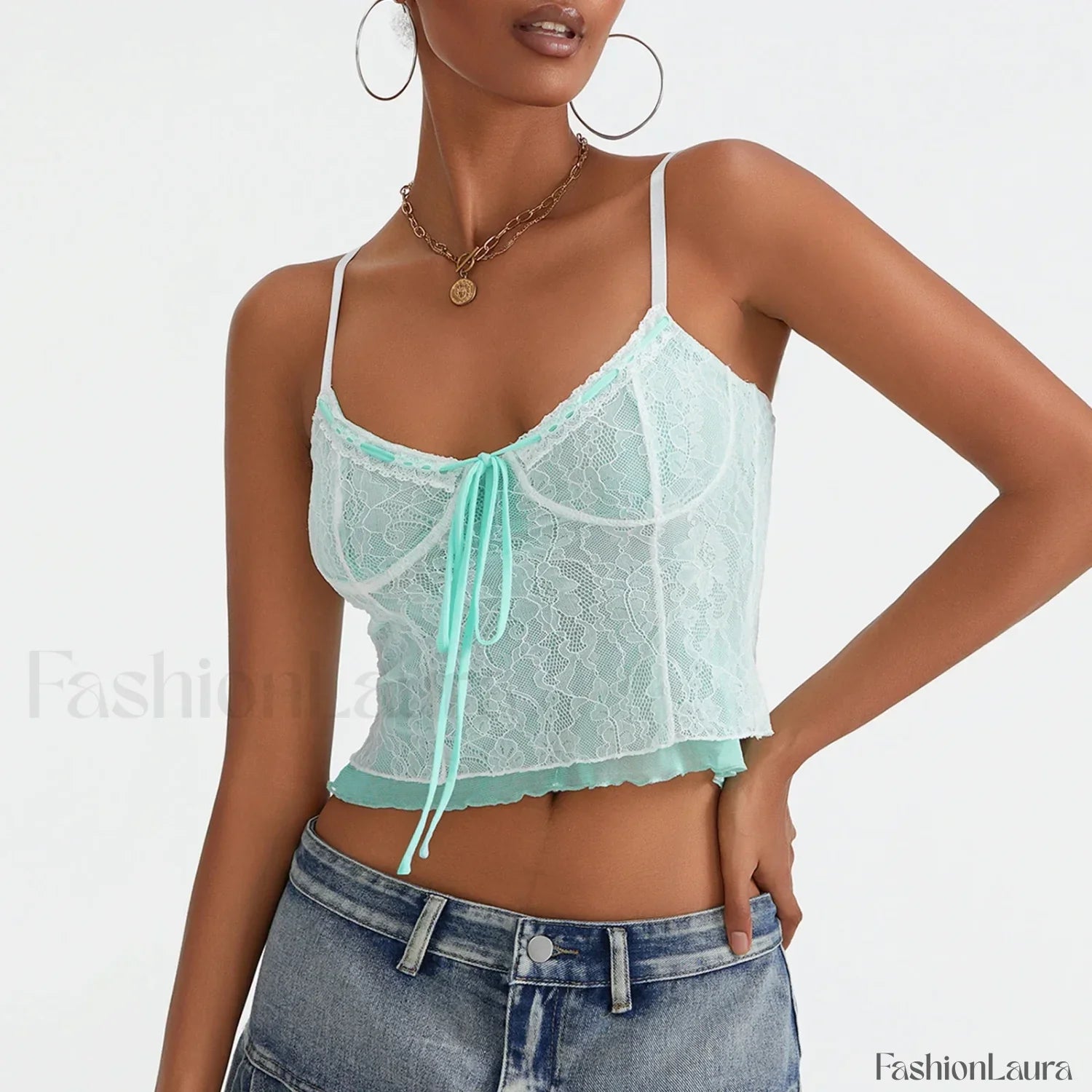 Lace Patchwork Tie-Up Crop Top