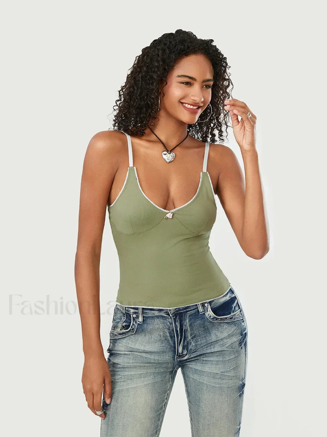 Lace Patchwork V Neck Crop Top Green / S