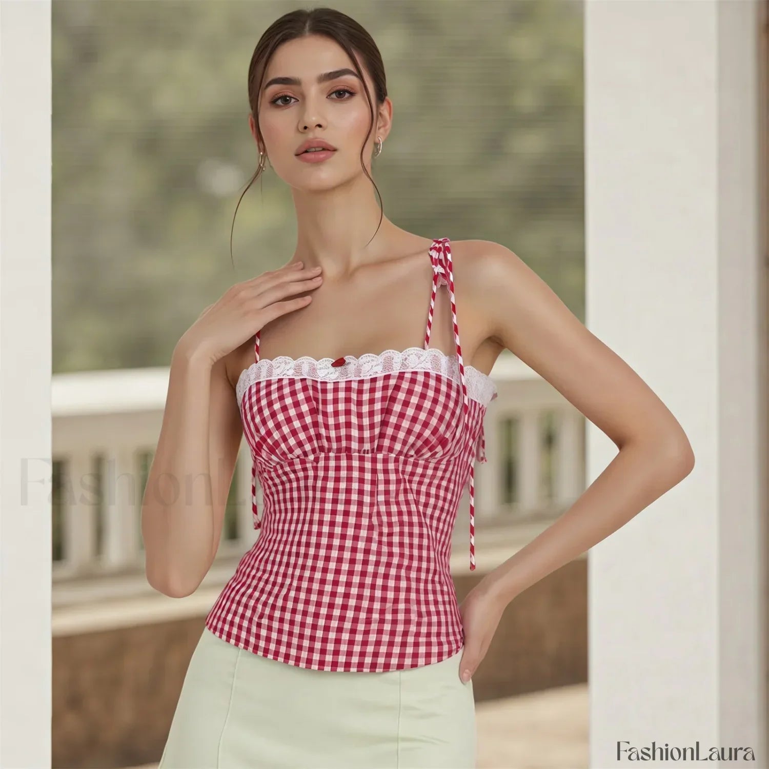 Lace Plaid Fitted Crop Top