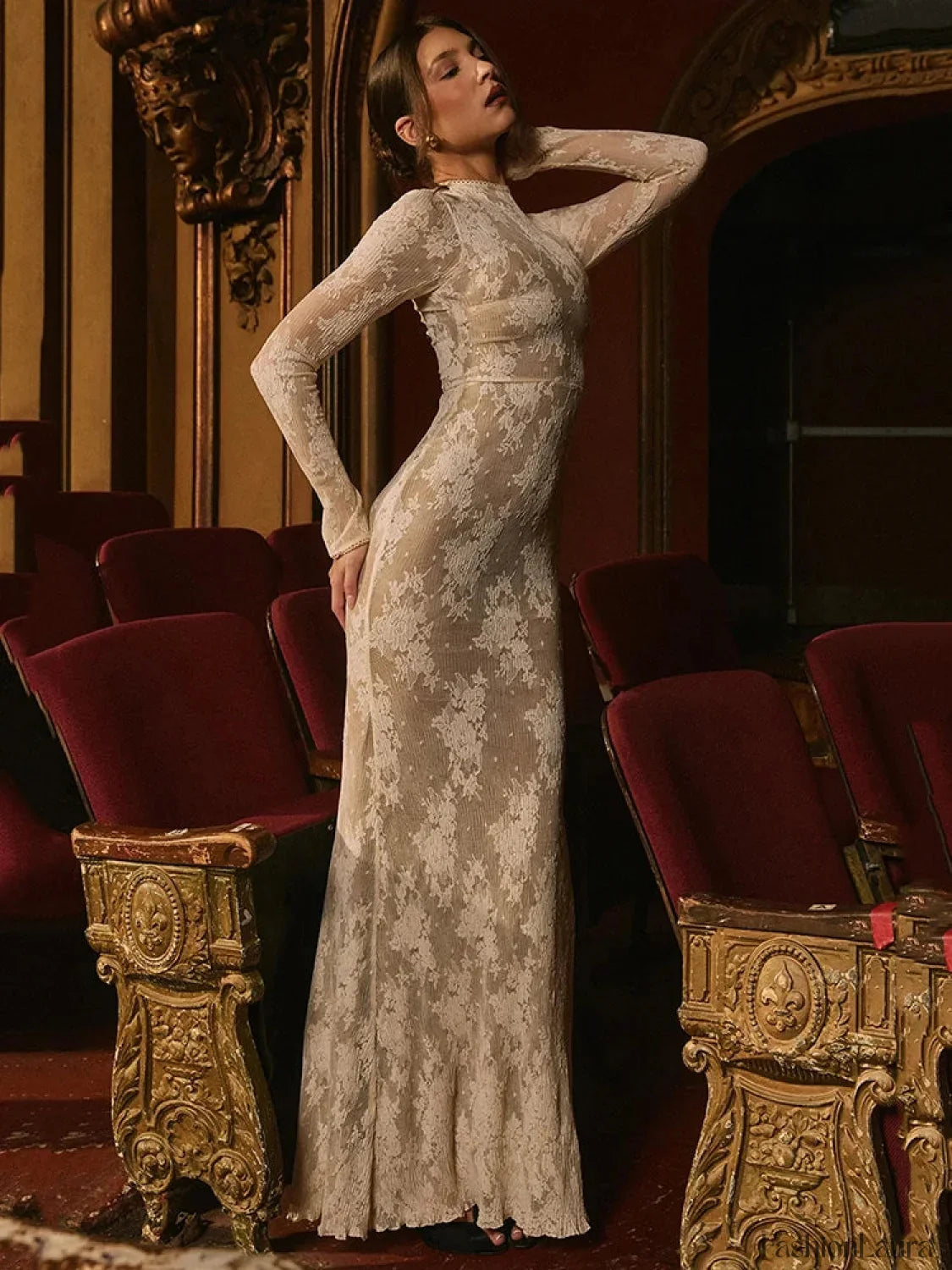 Lace Print Long Sleeve Maxi Dress