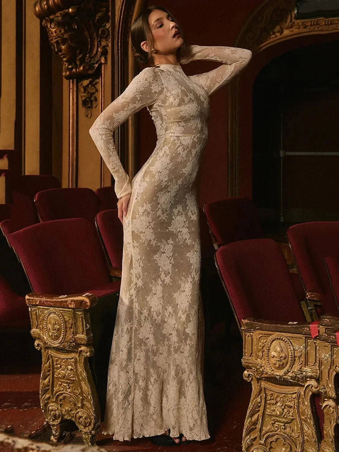 Lace Print Long Sleeve Maxi Dress