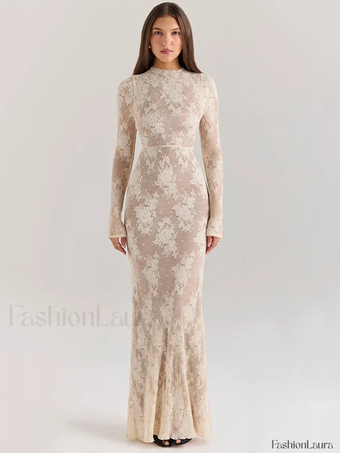 Lace Print Long Sleeve Maxi Dress