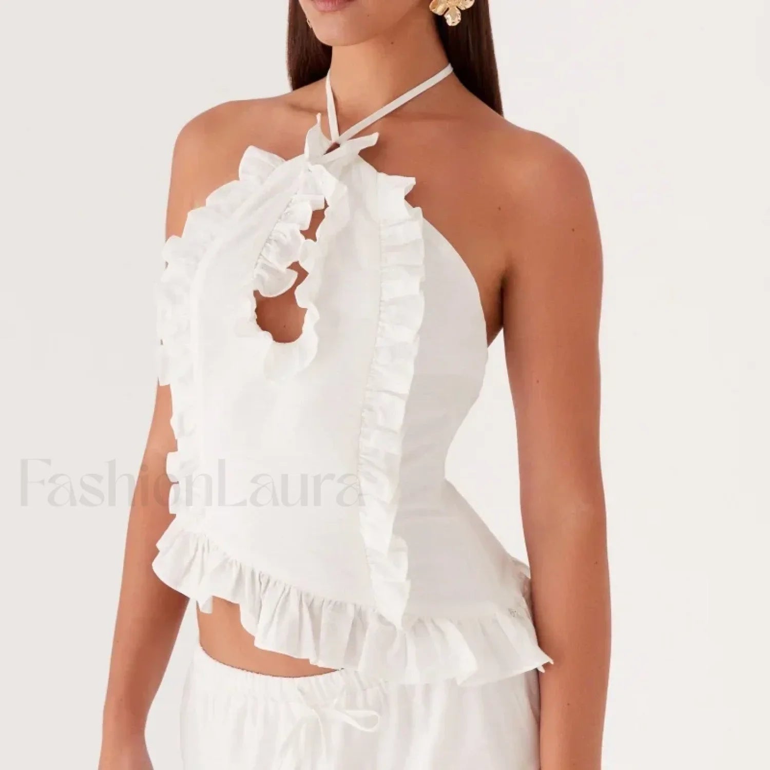 Lace Ruffle Halter Crop Top WHITE / S