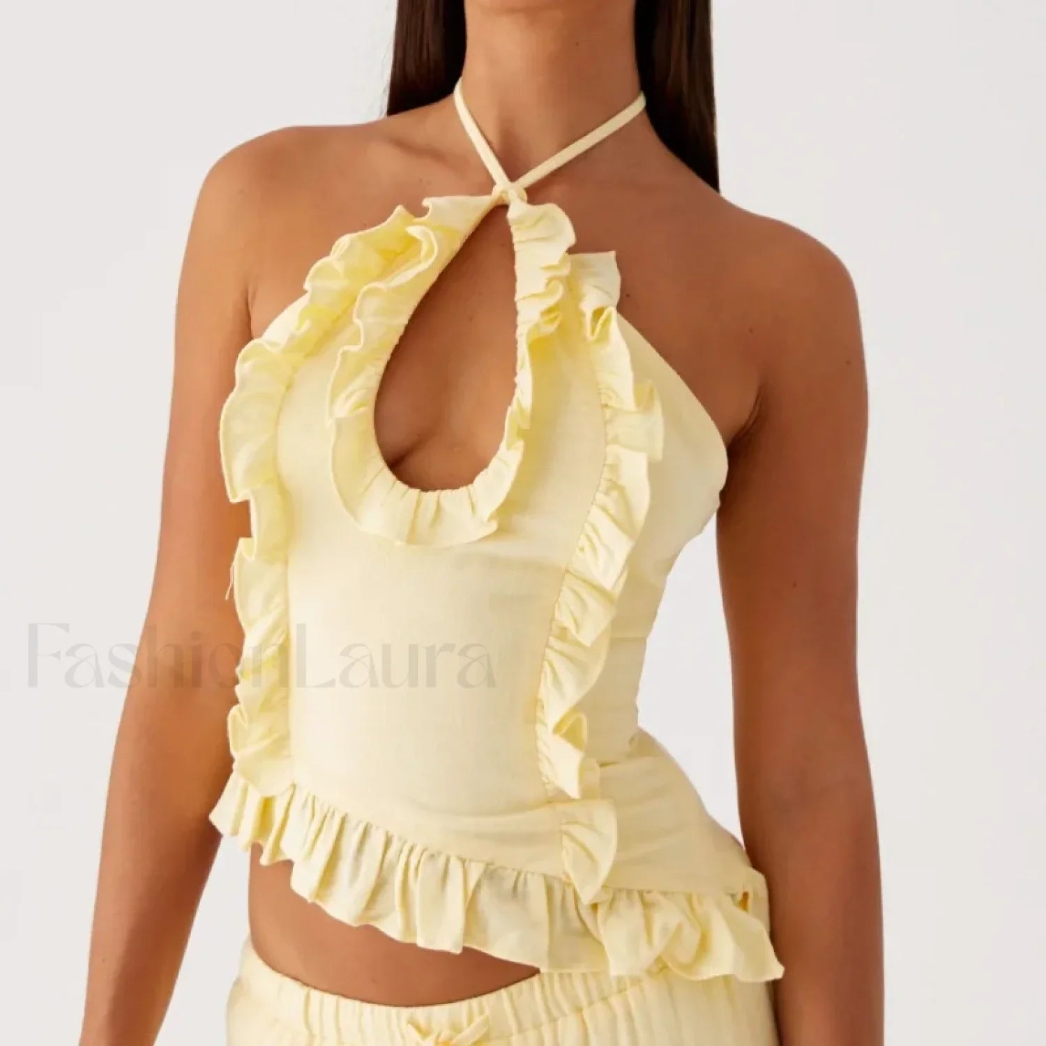 Lace Ruffle Halter Crop Top Yellow / S