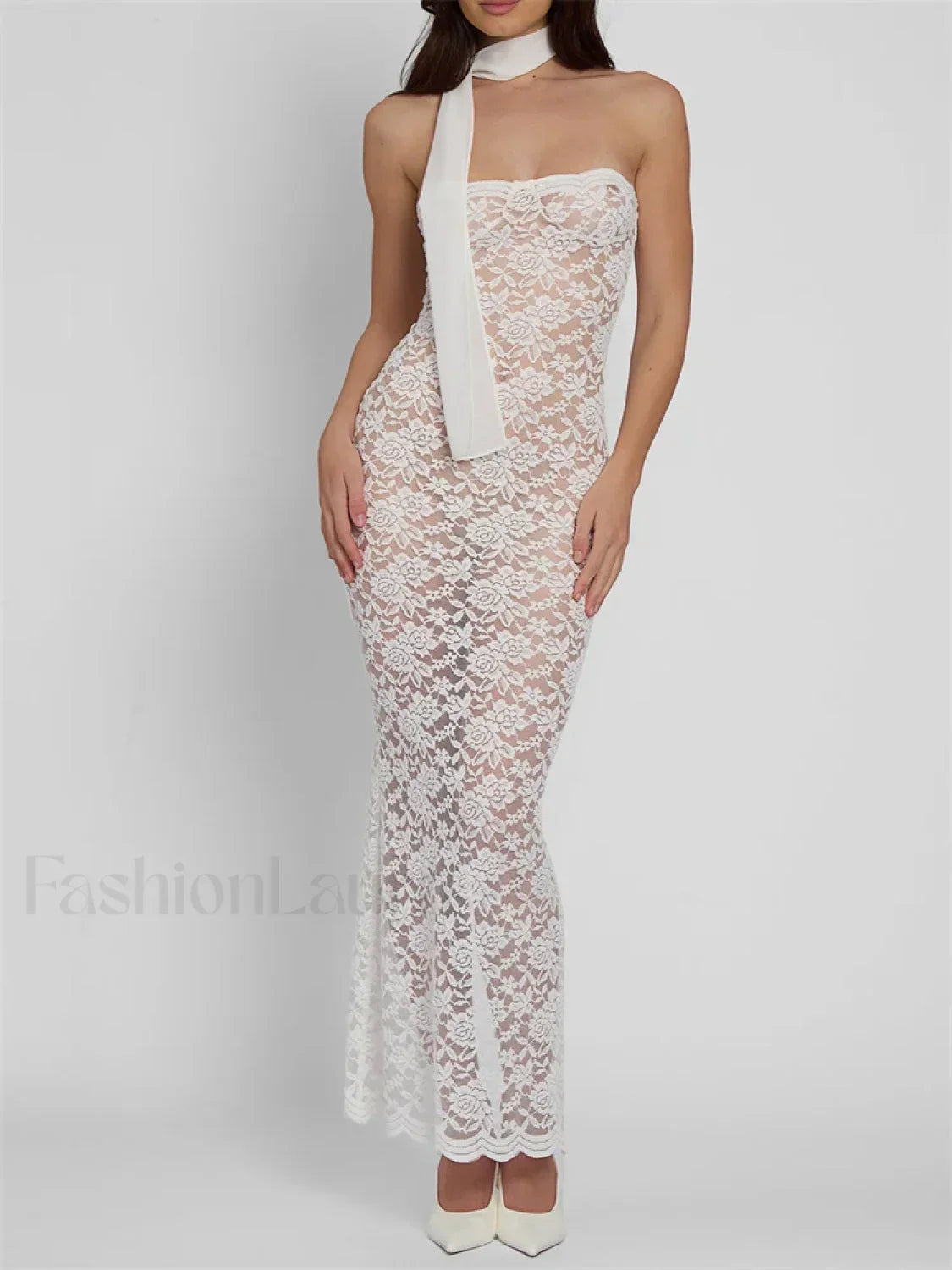 Lace Sheer Strapless Floral Maxi Dress