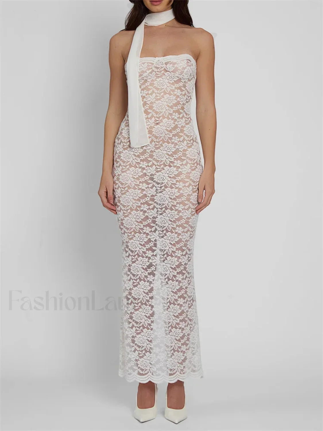 Lace Sheer Strapless Floral Maxi Dress