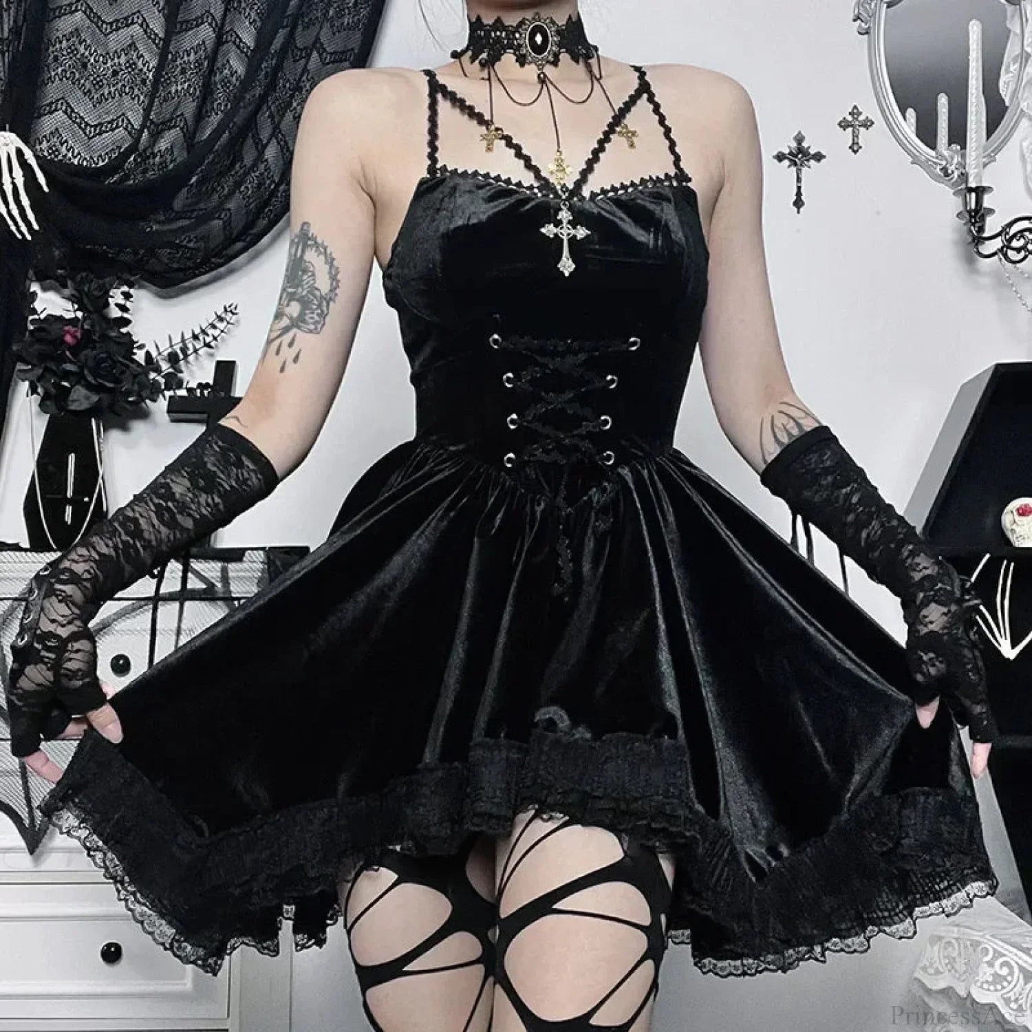 Lace Tall Waist Mini Garment Black / S
