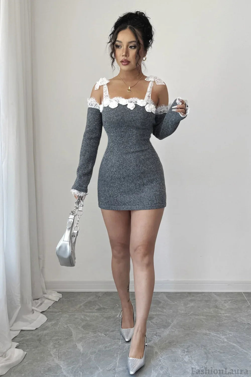 Lace Trim Off Shoulder Sweater Dress