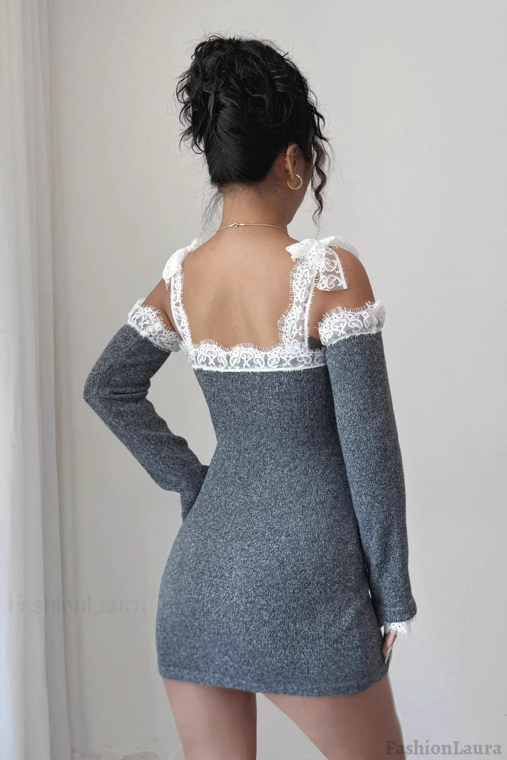 Lace Trim Off Shoulder Sweater Dress
