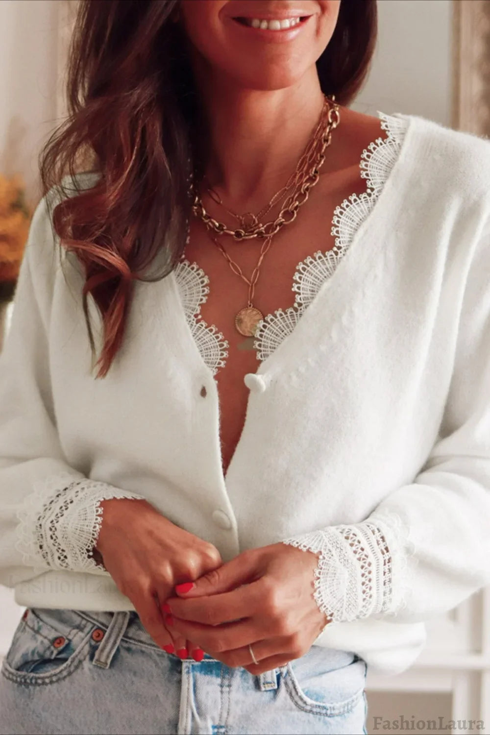 Lace Trim V Neck Cardigan