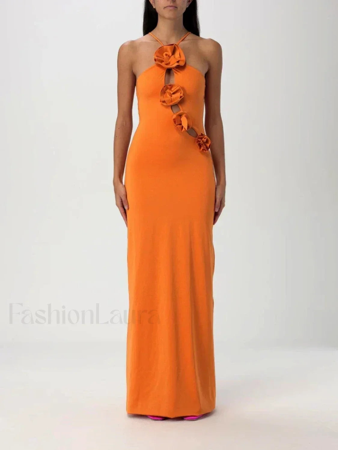 Lace-up 3D Appliques Maxi Dress