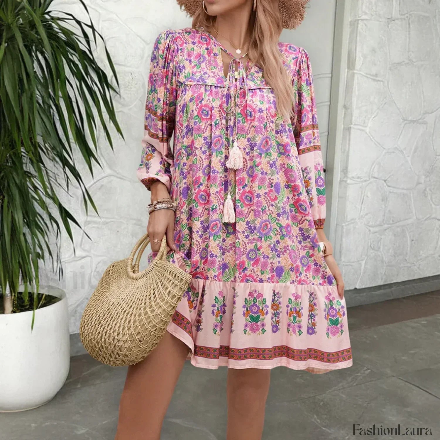Lace-Up Artistic Retro Boho Dress