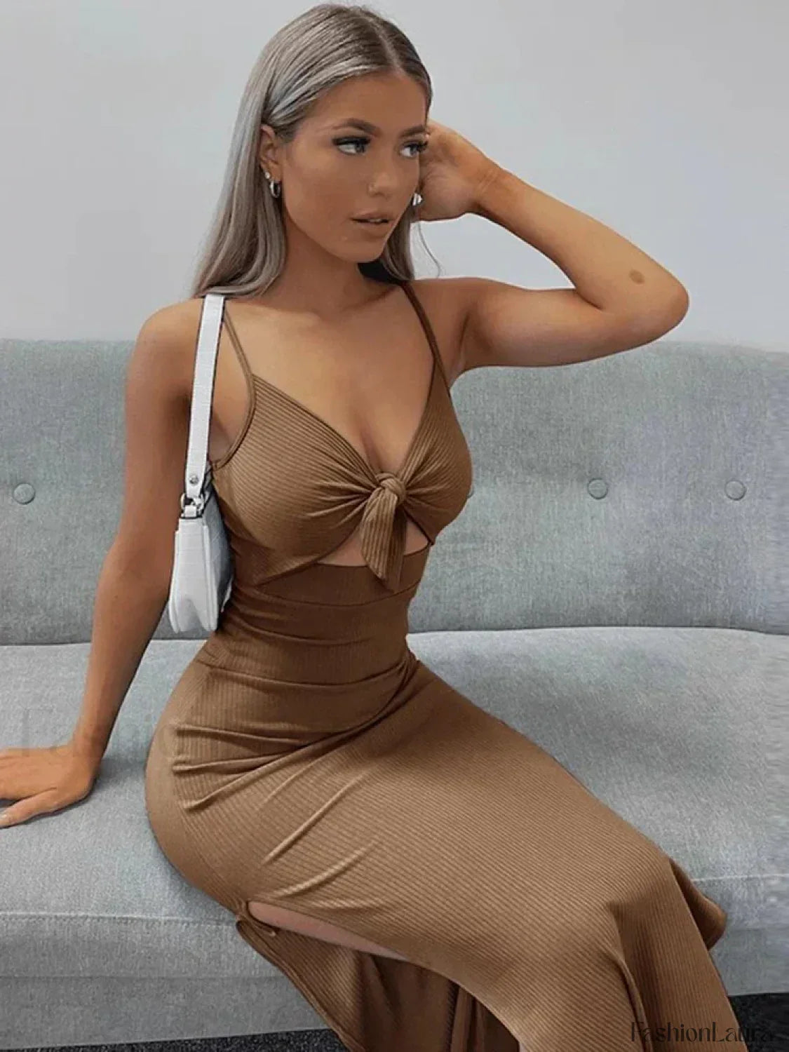 Lace-Up Bow V-Neck Midi Dress