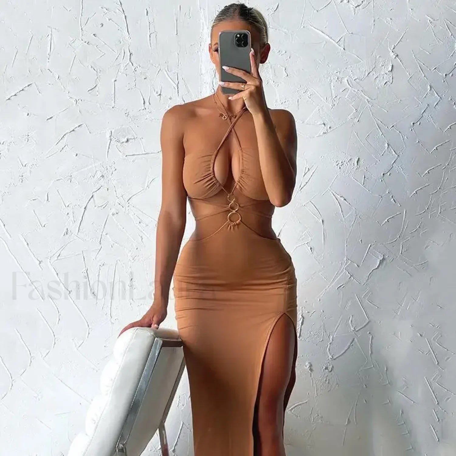 Lace-Up High-Slit Midi Dress