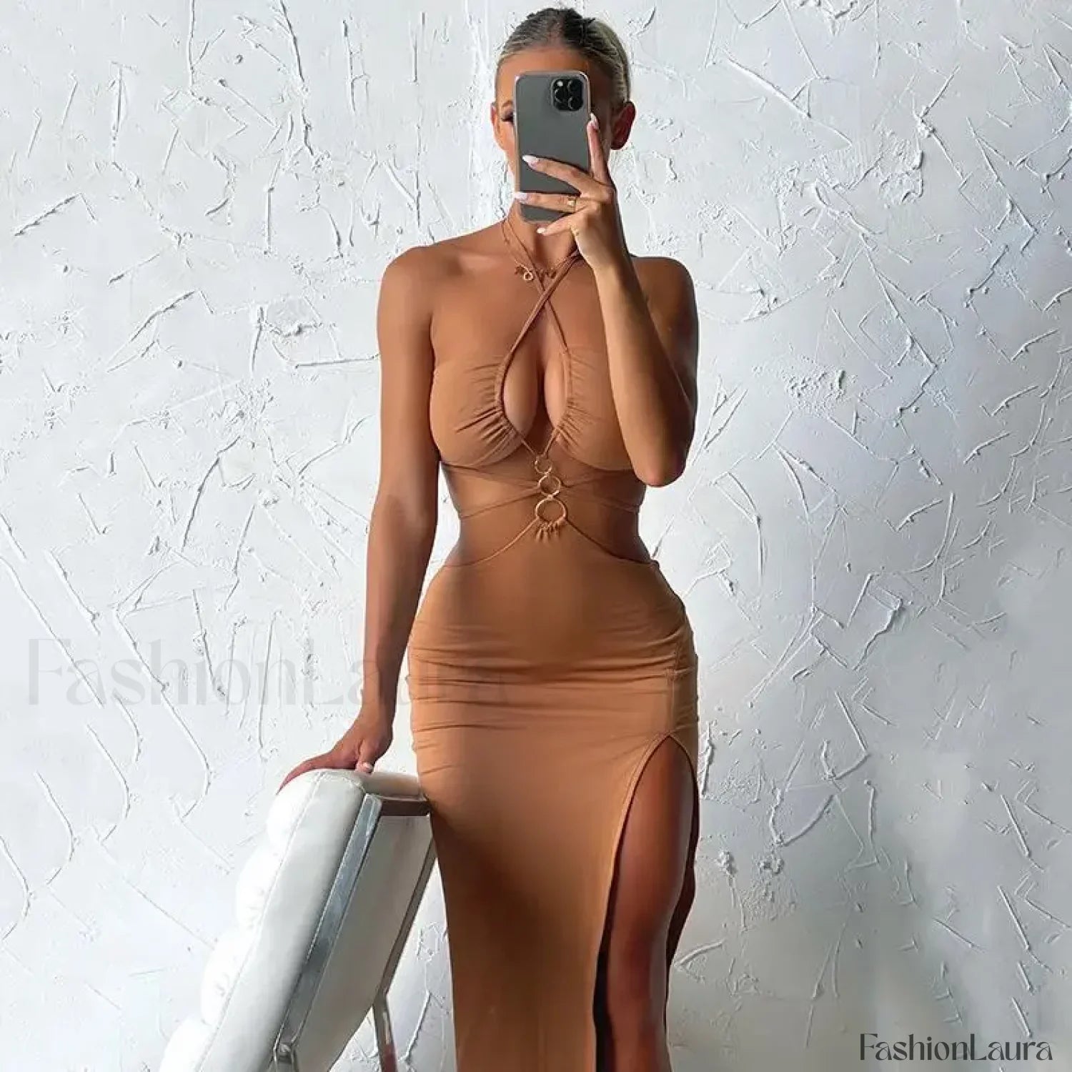 Lace-Up High-Slit Midi Dress