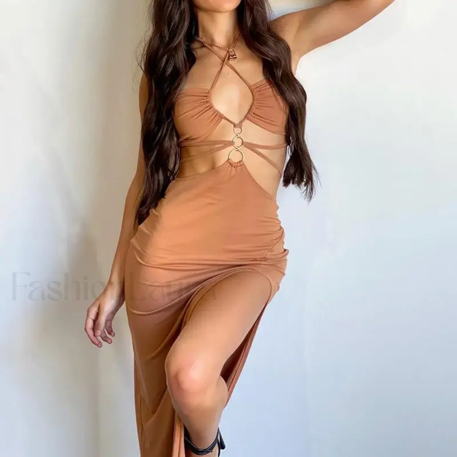Lace-Up High-Slit Midi Dress