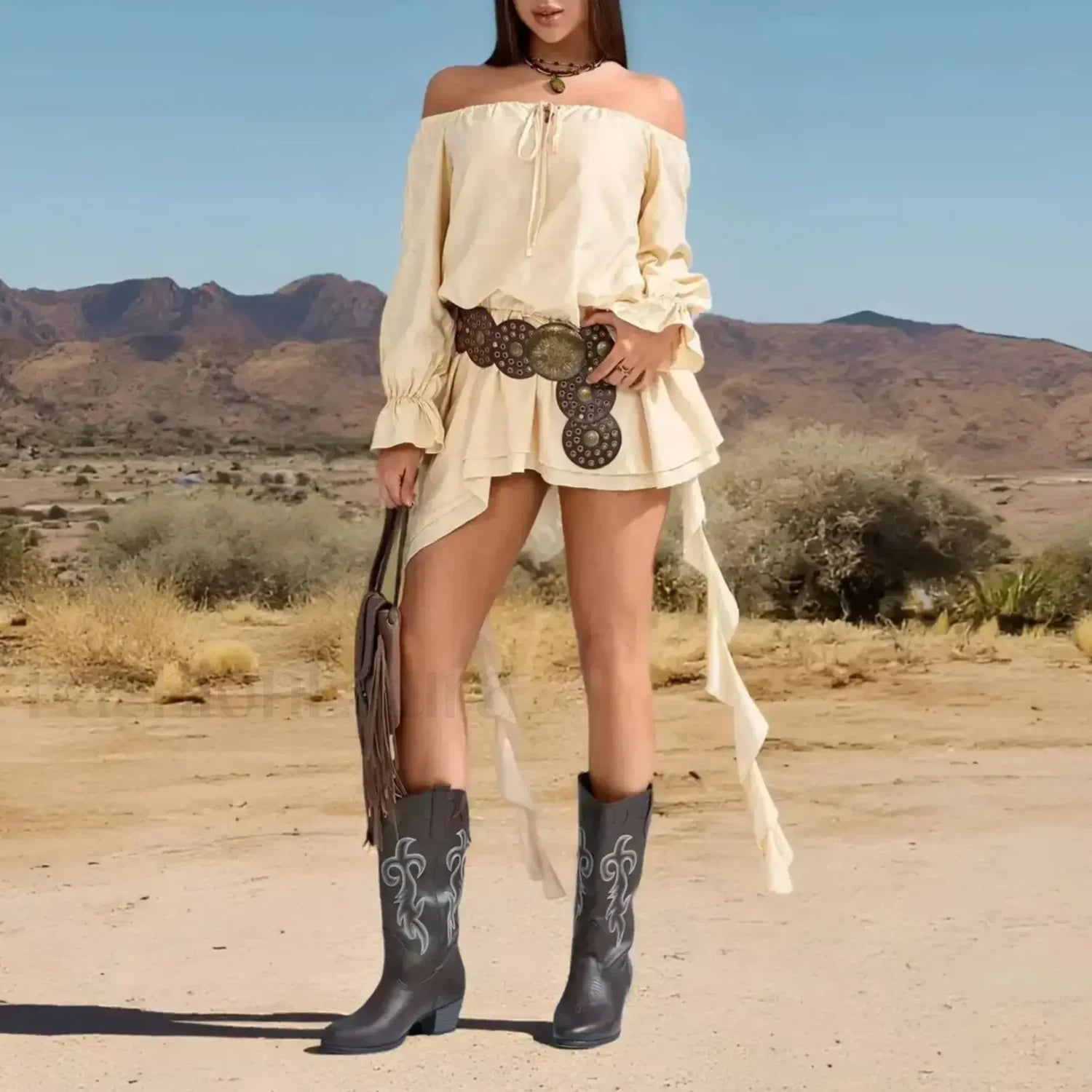 Lace-Up Off-Shoulder Boho Dress