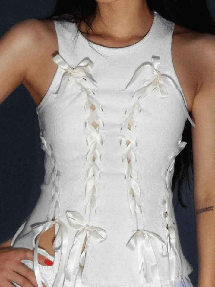 Round Neck Ribbon Lace Up Bow Ribbed Knit Tank Top 20
