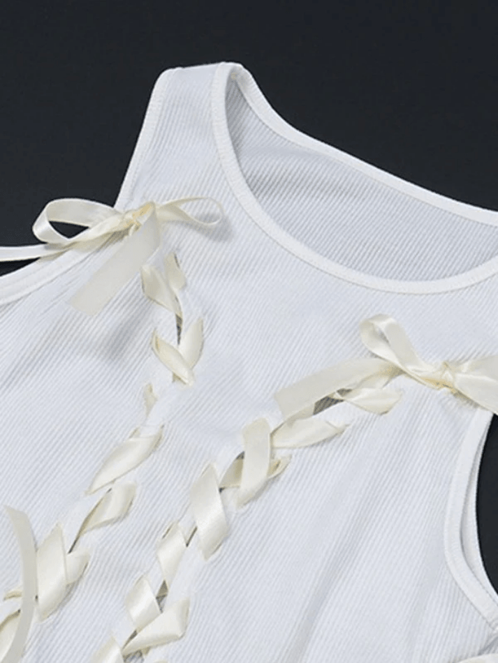 Round Neck Ribbon Lace Up Bow Ribbed Knit Tank Top 5