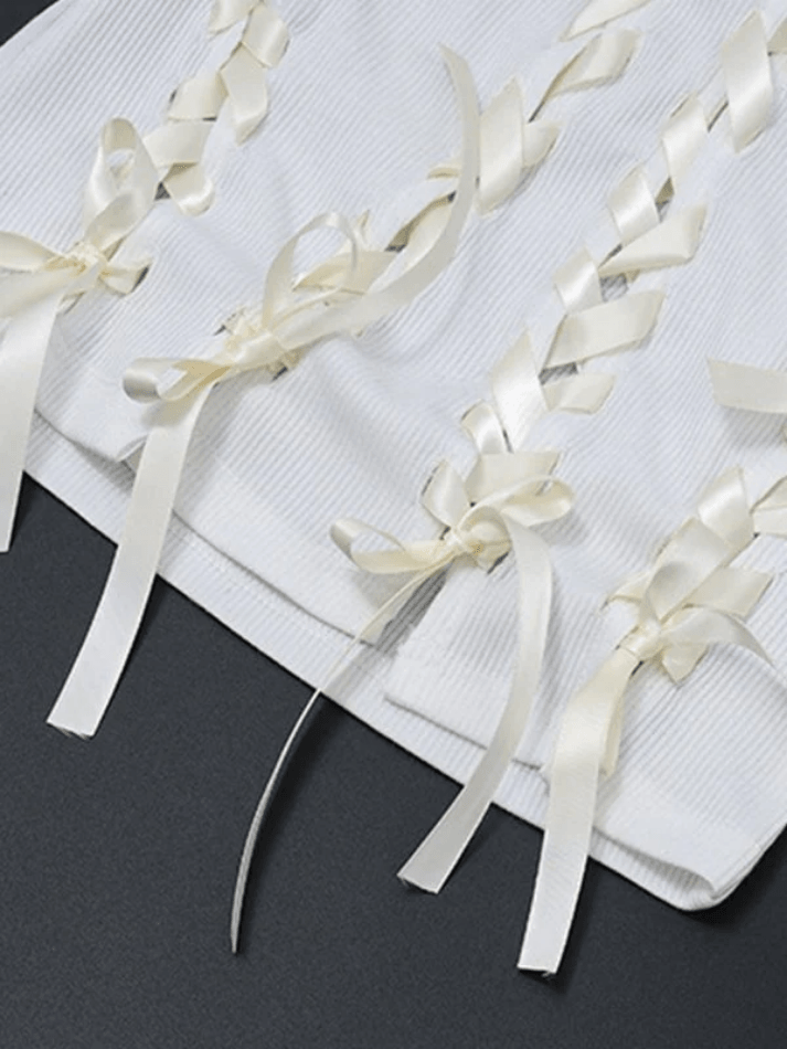 Round Neck Ribbon Lace Up Bow Ribbed Knit Tank Top 6
