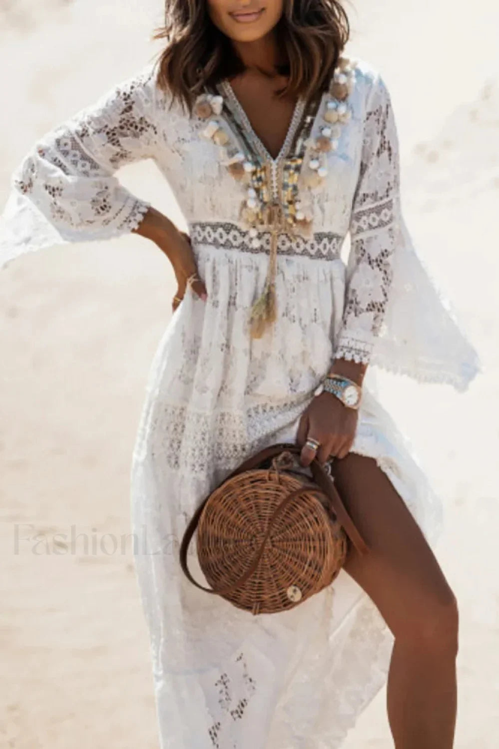 Lace V Neck Hollow Boho Dress