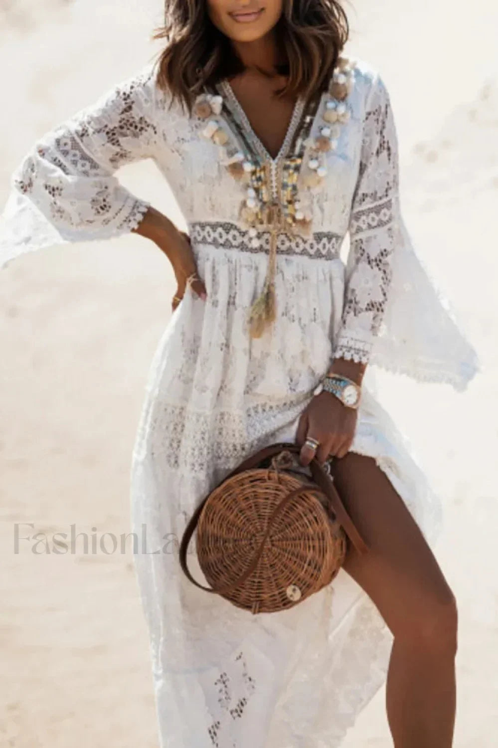 Lace V Neck Hollow Boho Dress