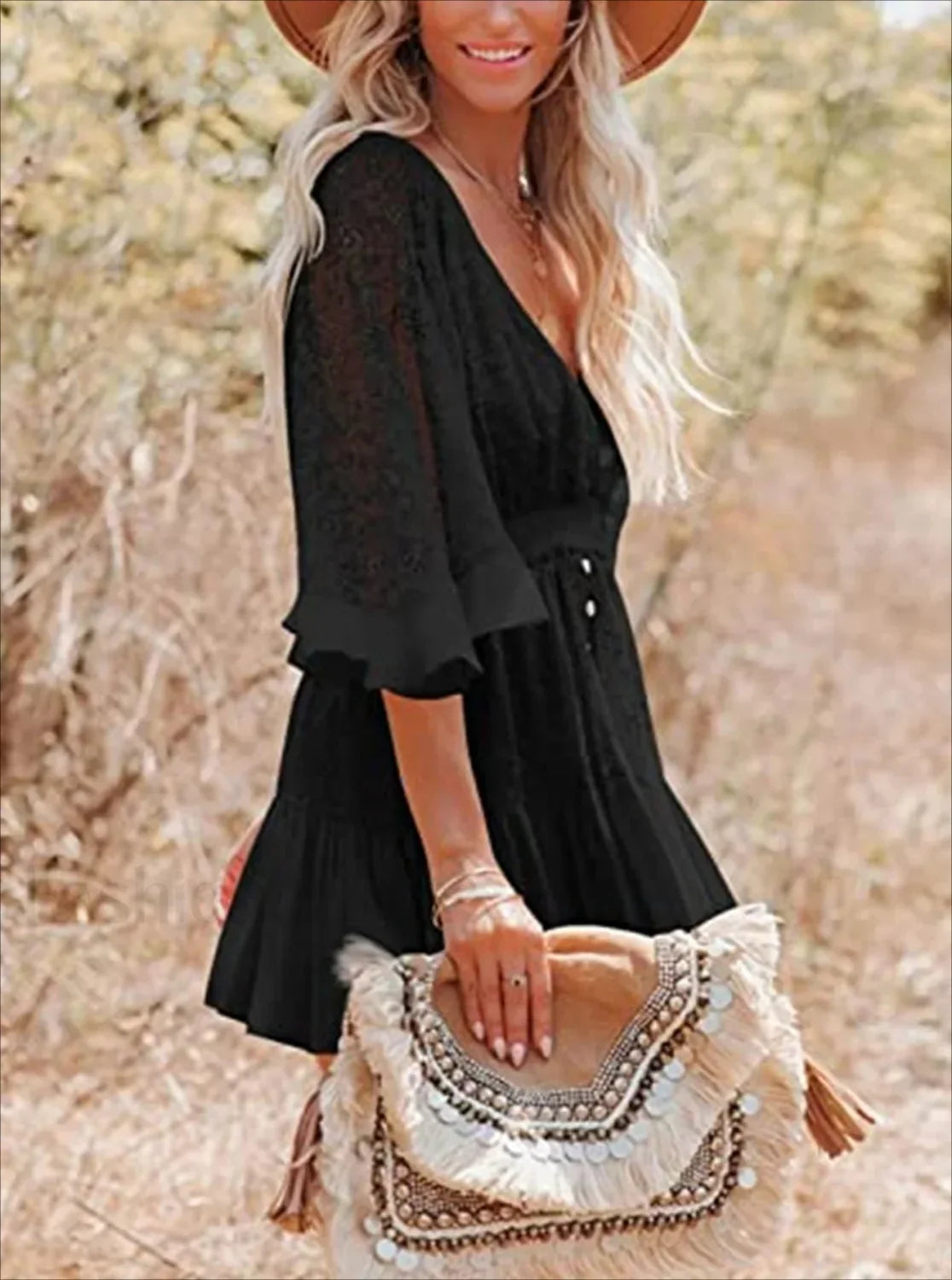 Lace V-Neck Ruffle Mini Boho Dress