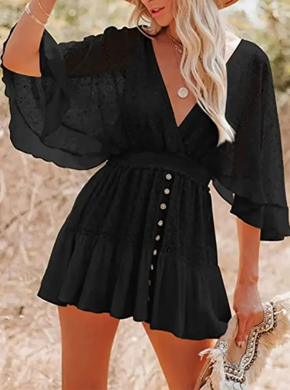 Lace V-Neck Ruffle Mini Boho Dress