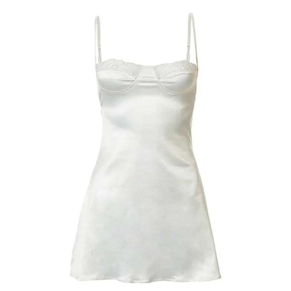 Satin Lace Trim Underwire Bust Spaghetti Strap A-Line Mini Dress