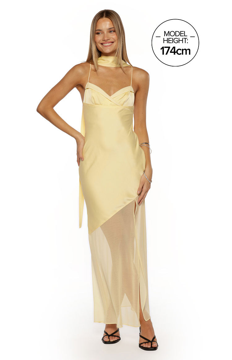 Laila Yellow Satin Scarf Formal Maxi Dress