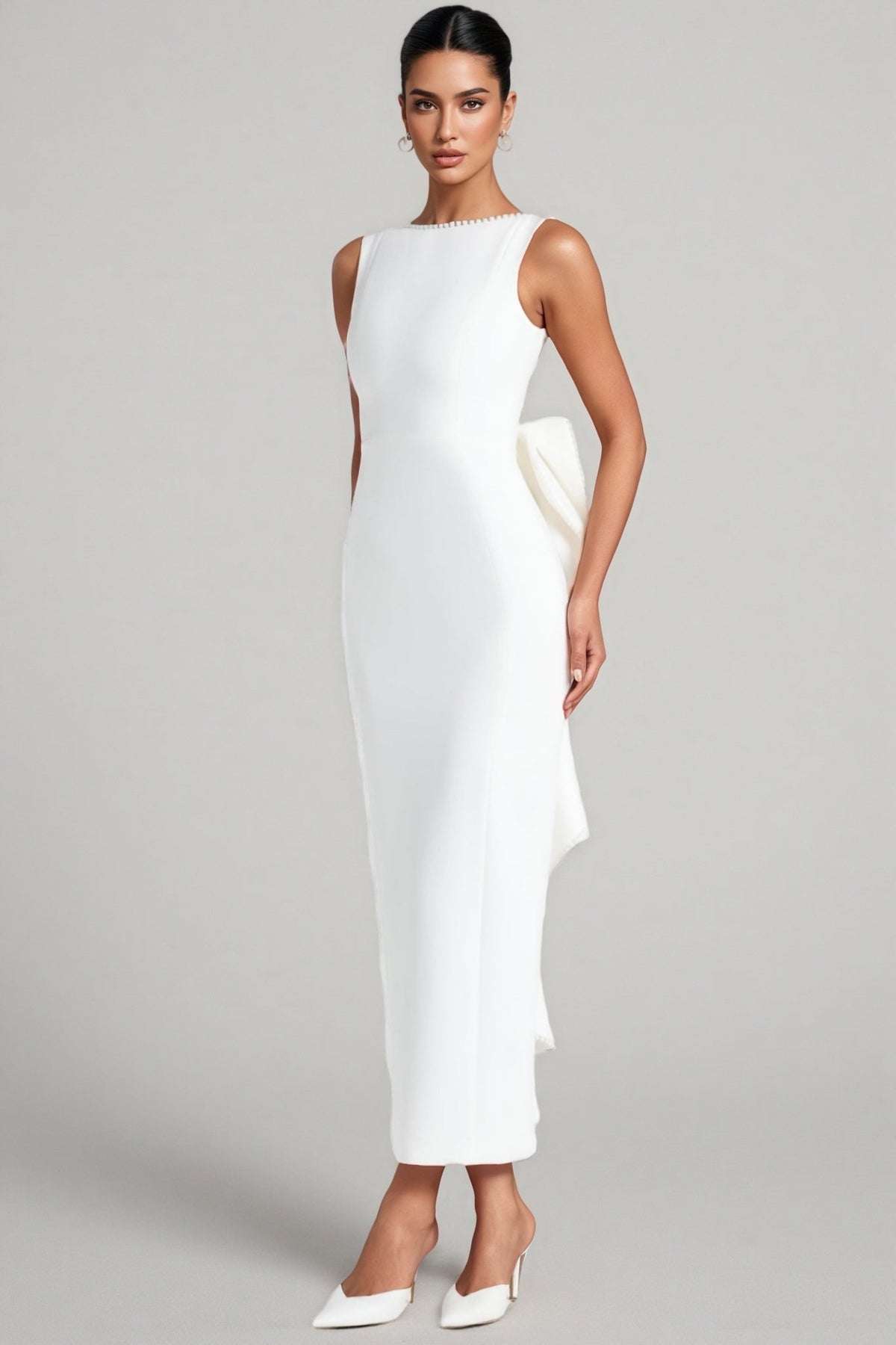 Faux Pearl Trim Boat Neck Sleeveless Back Bow Drape Column Maxi Dress