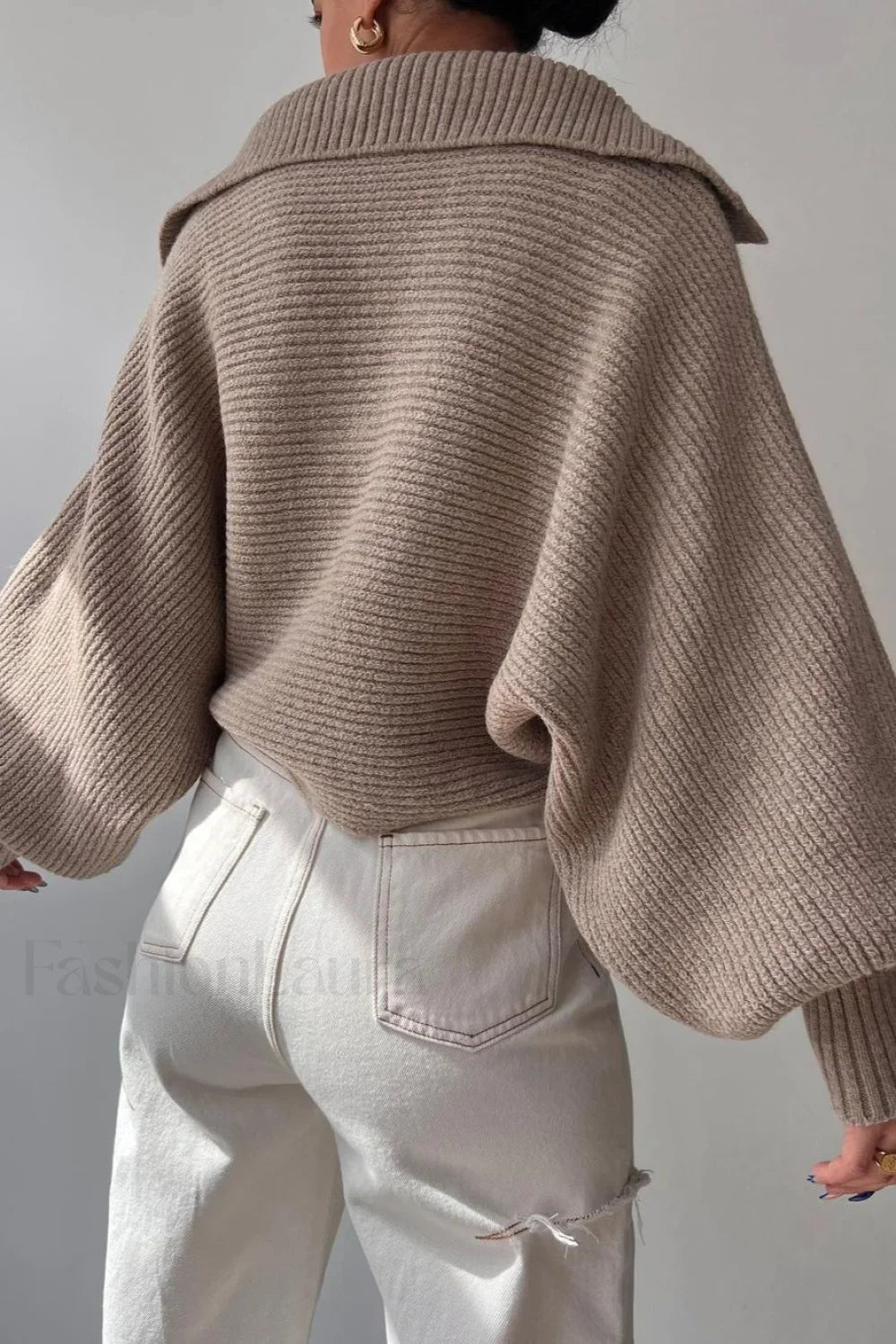 Lantern Sleeve Open Collar Knit Sweater