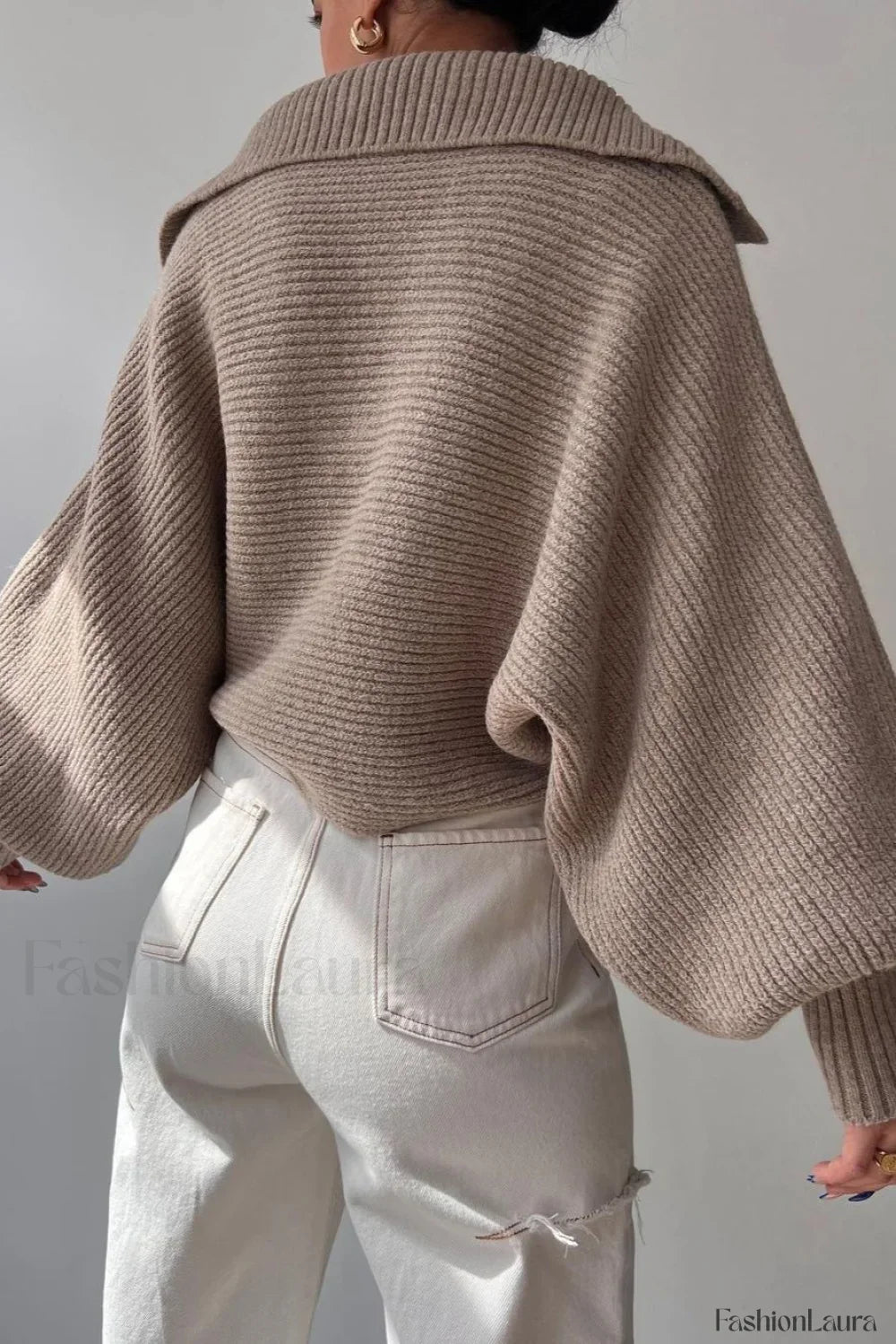 Lantern Sleeve Open Collar Knit Sweater