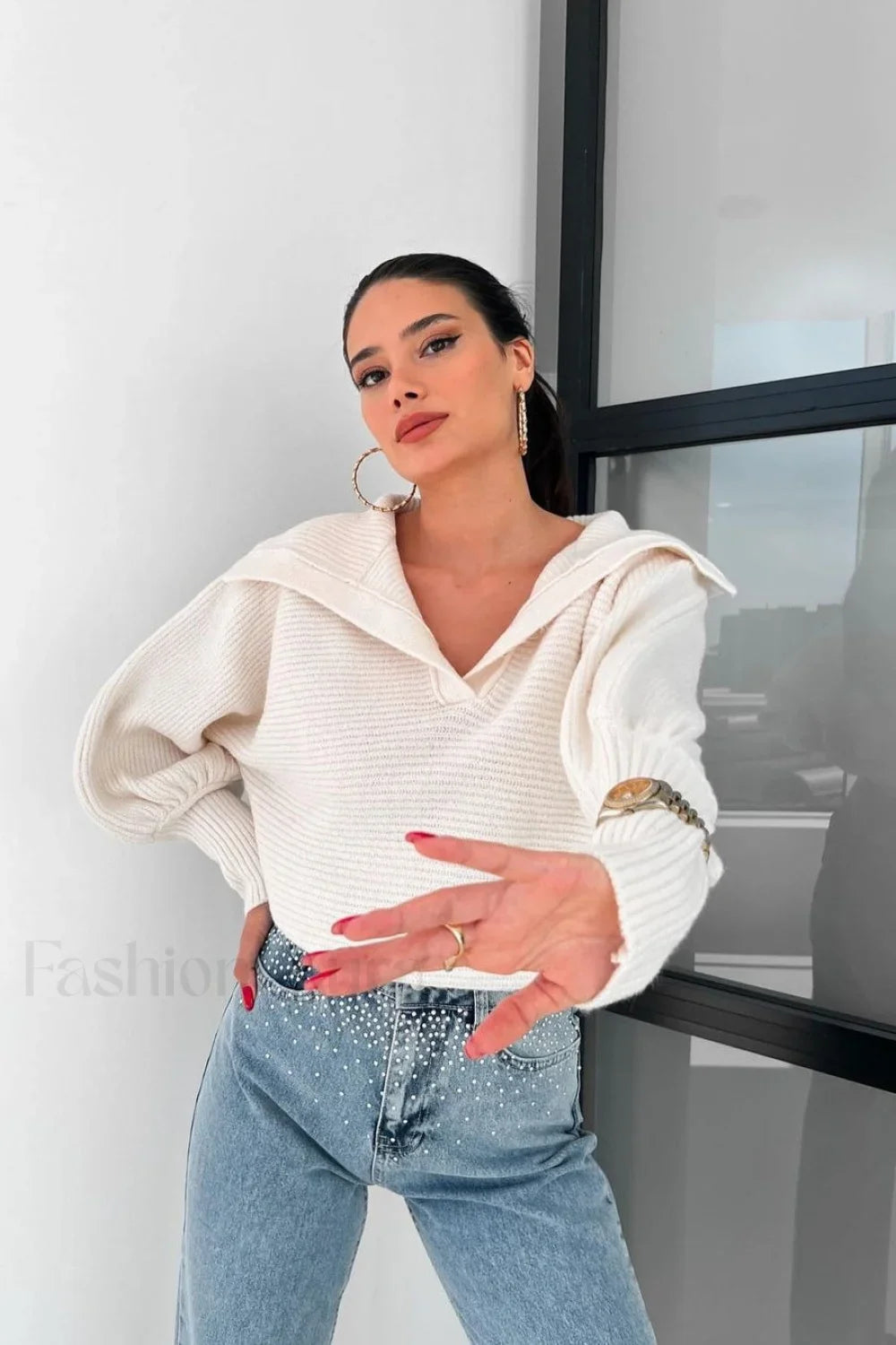 Lantern Sleeve Open Collar Knit Sweater