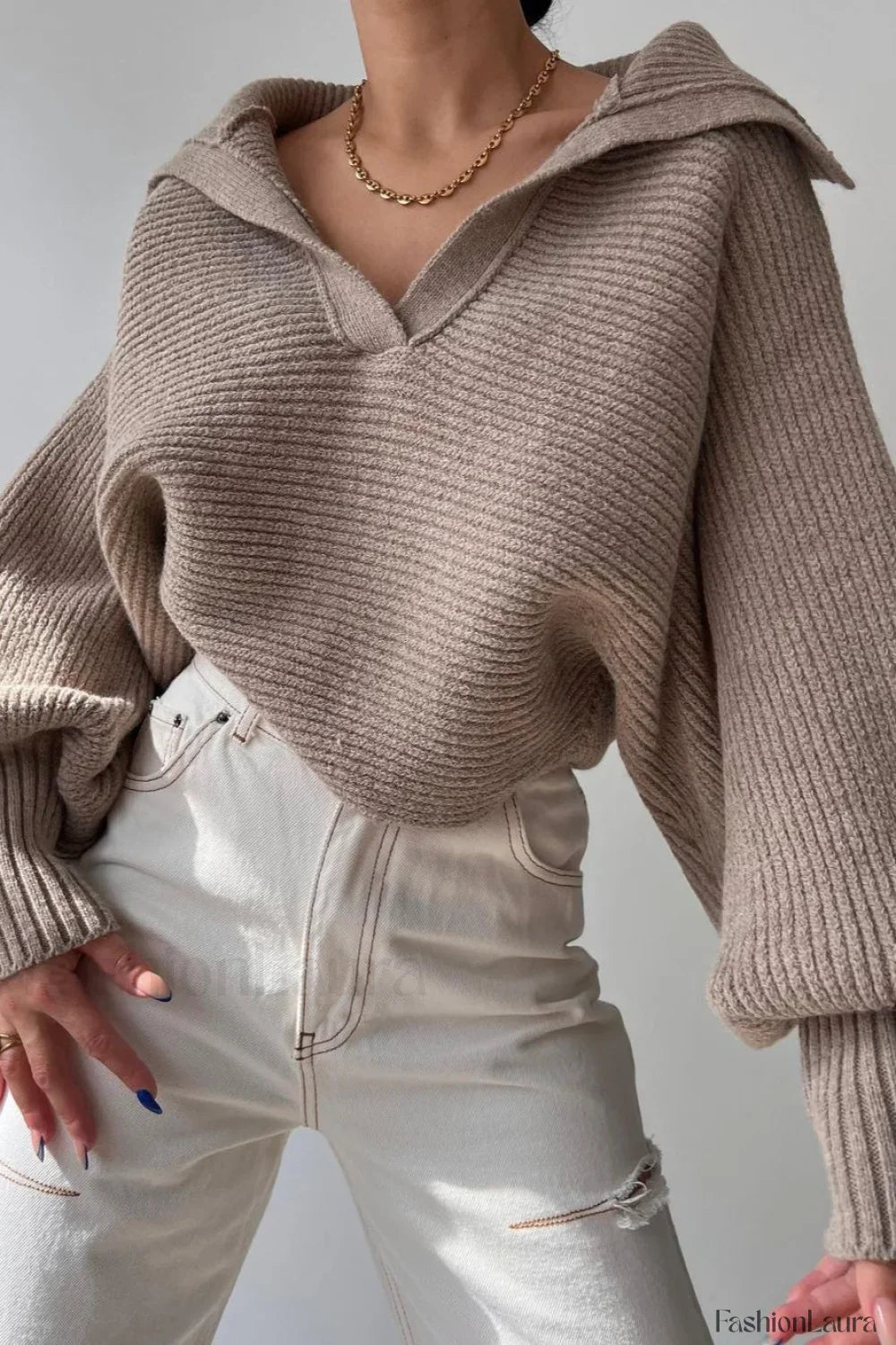 Lantern Sleeve Open Collar Knit Sweater