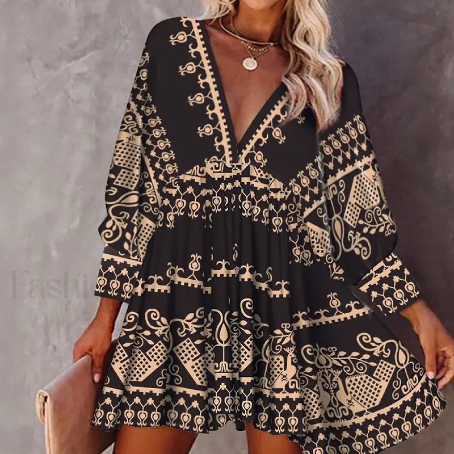 Lantern Sleeve Swing Boho Dress Black / S