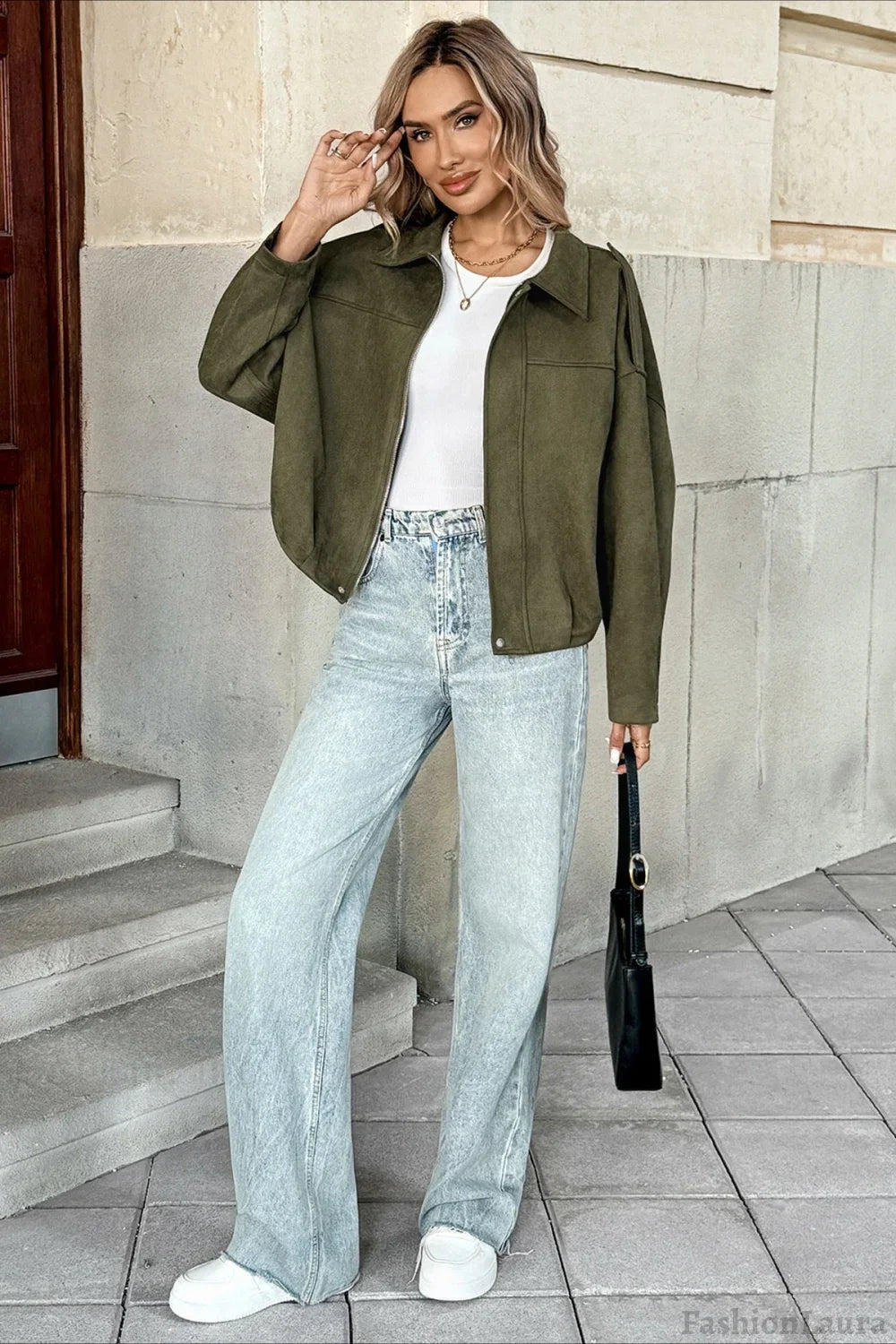 Lapel Collar Suede-Look Bomber Jacket