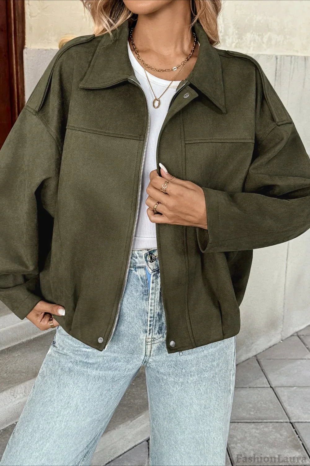 Lapel Collar Suede-Look Bomber Jacket