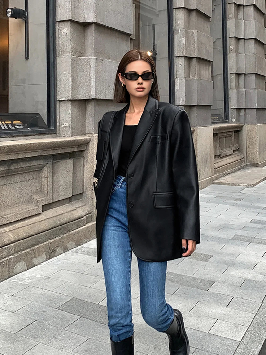 Lapel Pockets Leather Blazer